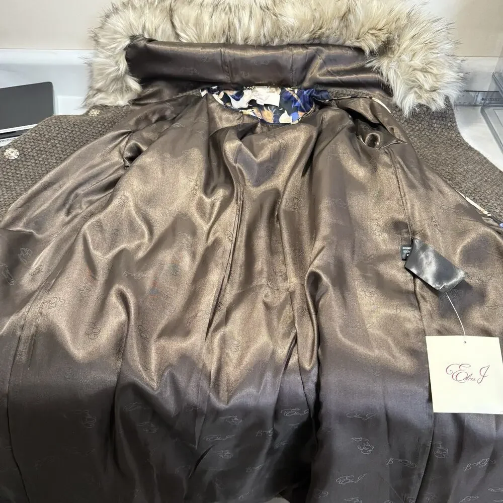 Eliza J Hooded Wool Coat Women’s M Brown Removable Fur Trim Snap Front NEW - Picture 7 of 12